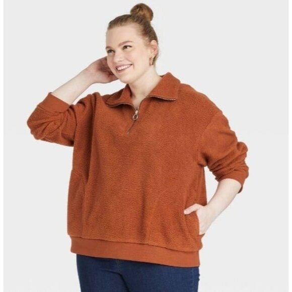 Ava & Viv Women's Plus Size Sherpa Quarter Zip Pullover Sweatshirt Rust Size X - Picture 1 of 3
